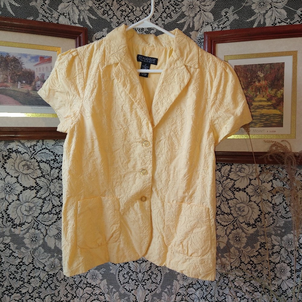 Dialogue yellow summer blazer short sleeve floral embroidery 100% cotton vintage